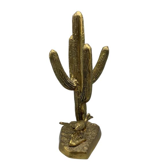 Vintage Brass Saguaro Cactus Roadrunner Statue Southwestern Decor 60s MCM - Picture 4 of 7